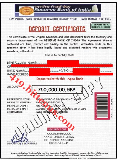 RESERVE BANK OF INDIA CERTIFICATE OF DEPOSIT FOR